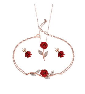 925 Ayar Gümüş Zirkon Taşlı Gül Tasarım Kolye Küpe Bileklik Seti (Rose)