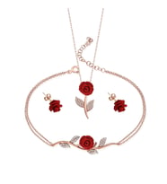 925 Ayar Gümüş Zirkon Taşlı Gül Tasarım Kolye Küpe Bileklik Seti (Rose)