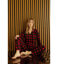 Pijamoni Kadın Süet Önden Düğmeli Likralı Pijama Takımı 3K - 1 Adet (Kırmızı)