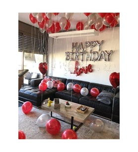 Kırmızı Gümüş Happy Bırthday Balon Seti