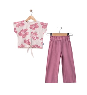 Önden Bağcıklı Tshirt ve Pantolon Kız Çocuk Takımı (Koyu Pembe)
