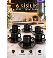 6 Kişilik Seramik Kahve Fincan Takımı Yuvarlak Sunum Tabaklı Porselen Türk Kahvesi Fincan Seti