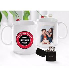 BK Gift Kişiye Özel Babalar Günü Hediyesi Fotoğraflı Kupa Bardak ve Benzinli Çakmak Seti-78 (Model 1)