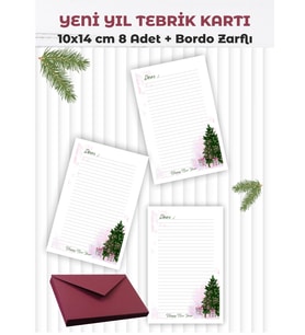 Yılbaşı  Çam Figürlü Bordo Zarflı Tebrik Kartı  Seti, Mutlu Yıllar 8 Adet