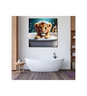 Tekli Kare Kanvas  Küvette Banyo Yapan Yavru Aslan Tablosu