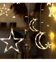 3 Metre Perde LED Işık Zinciri - Yıldız ve Ay Figürlü, Sarı Işık, Uç Uca Eebilir