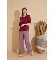 Lukitus Kısa Kollu Pamuklu Fitilli Kadın Pijama Takımı (Kırmızı)