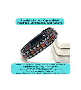 SERTİFİKALI Ametist Jasper Kaplan Gözü Disk Model Doğal Taş Bileklik Mıknatıslı Kilit