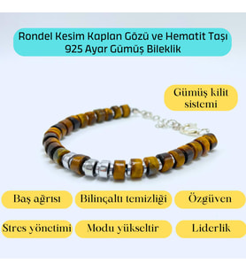 Sertifikalı Rondel Kesim Kaplan Gözü ve Hematit  925 Ayar Doğal Taş Gümüş Bileklik 6mm
