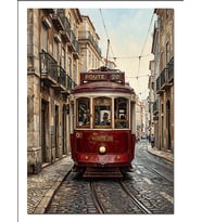 Lizbon Sokağında Kırmızı Nostaljik Tramvay Dekoratif Kanvas - Mdf Ahşap Tablo