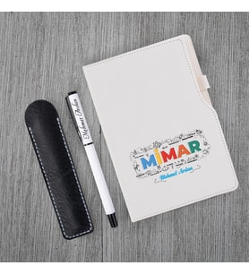 Kişiye Özel UV Baskılı Mimar Temalı Beyaz Defter & Beyaz Roller Kalem Seti