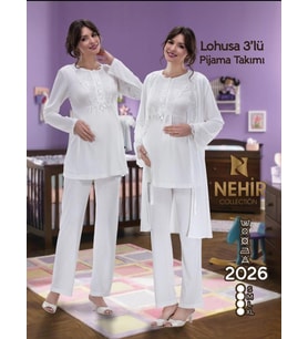 NEHİR 2026 Hamile Lohusa 3 Lü Pijama Sabahlık TK (Ekru)