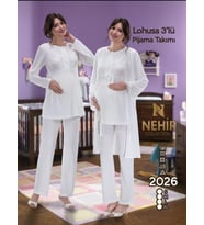NEHİR 2026 Hamile Lohusa 3 Lü Pijama Sabahlık TK (Ekru)