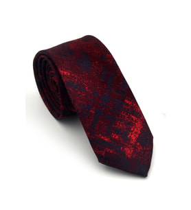 Lacivert Kırmızı Desenli Bordo Dokuma Kumaş Mendilli Slim Fit Kravat // SDK-2608-4