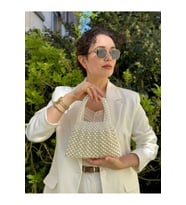 Büzgülü El Çantası İnci Boncuk Çanta (Krem)