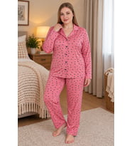 Mirano 9852 Uzun Kollu Şardonlu Soft Kışlık Düğmeli Büyük Beden Kadın Pijama Takımı