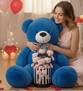 Sevgililer Günü Hediyesi 90 Cm Peluş Ayı + Aynalı Mesajlı Silindir Ayıcık Buketi  Romantik Sevgiliye Kıza Özel Set (Koyu Mavi)