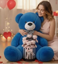 Sevgililer Günü Hediyesi 90 Cm Peluş Ayı + Aynalı Mesajlı Silindir Ayıcık Buketi  Romantik Sevgiliye Kıza Özel Set (Koyu Mavi)