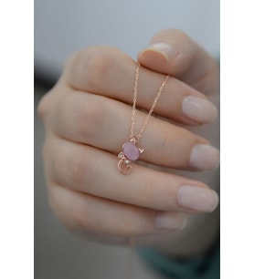 925 Ayar Rose Kaplama Ay Taşlı Gümüş Kedi Kolye Kedi