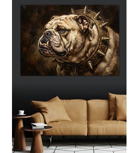 Dikenli Tasmalı Bulldog Köpek Portresi Dekoratif Kanvas - Mdf Ahşap Tablo