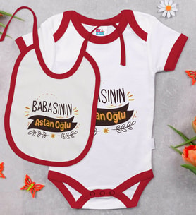 BK Kids Babası Aslan Oğlu Tasarımlı Kırmızı Bebek Body Zıbın ve Mama Önlüğü Hediye Seti-1