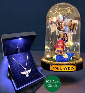Işıklı Kutuda 925 Ayar Zümrüdü Anka Kuşu Kolye ve Size Özel Led Işıklı Fanus - Premium Set (Model 7)