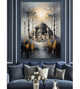 Altın Parıltılı İstanbul Camii Görünümü Dekoratif Kanvas - Mdf Ahşap Tablo