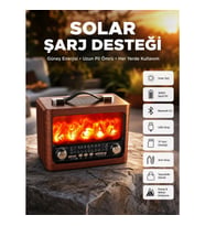 Mey İthalat® Taşınabilir Şömine Görünümlü Bluetooth Hoparlör – Solar Şarjlı, Alev Işıklı, 7W Ses