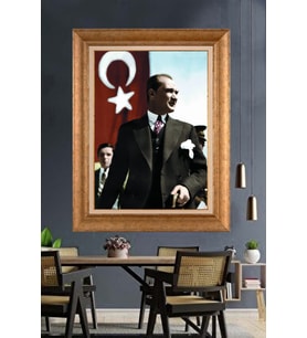 Altın Varaklı Çerçeveli Paspartulu Atatürk Tablo nh364 (Gold)