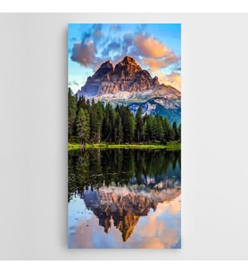 Göl Çam Ağaçları Dağlar Panoramik Kanvas Tablo