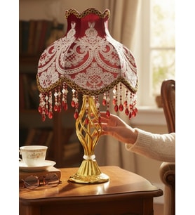 Bordo Kadife Üzeri Fransız Dantel Kaplama Gold Burgulu Ayaklı Vintage Abajur – Klasik Dekoratif Aydınlatma 50x30cm