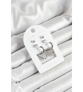 Pirinç Zirkon Taş Ve Kalp Figürlü Gümüş Renk 3'lü Çift Kadın Küpe Set - TJ-BKP10644
