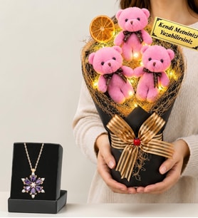 Doğum Günü Hediyesi Kişiye Özel Led Işıklı Peluş Ayıcık Buketi (Pembe) ve Gerçek Ametist Taşlı Lotus Kolye