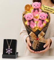 Doğum Günü Hediyesi Kişiye Özel Led Işıklı Peluş Ayıcık Buketi (Pembe) ve Gerçek Ametist Taşlı Lotus Kolye