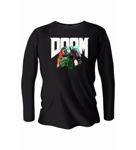 Doom Baskılı Uzun Kollu Bisiklet Yaka Erkek Siyah T-Shirt