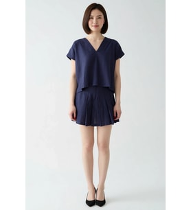 Kadın Keten Bluz Etek Takımı V Yaka Reglan Kol Mini Dokuma Rahat Günlük Kombinli Set Modern Şık