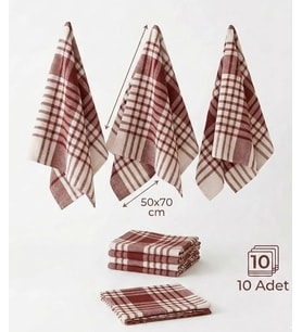 Leke Bırakmayan Yüksek Emici 10'lu Pamuk Mutfak Kurulama Bezi & Peçetesi (50x70 cm - Bordo)
