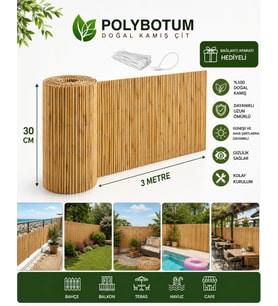 POLYBOTUM Premium Doğal Kamış Hasır Balkon Çiti 30x300 cm Sık Dokuma Dayanıklı Bahçe, Teras ve Balkon İçin Dekoratif Gizlilik Çiti