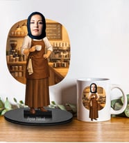 Kişiye Özel Kadın Barista Tasarımlı Karikatür Biblo Ve Kupa Hediye Seti 326
