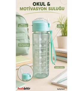 ByMyHand Yeşil Taşıma Kulplu Kilit Kapaklı Pipetli Suluk Okul Matarası Motivasyon Matarası 800 Ml