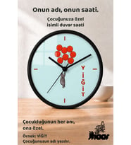 İsme Özel Kırmızı Balonlu Figür Çocuk Odası Duvar Saati Orta Boy 30 cm Siyah Camlı Sessiz
