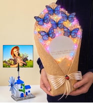 Kişiye Özel Değirmen Fotoğraflı Renkli Led Işıklı Aynalı Büyük Boy Kelebek Buketi (Mavi)