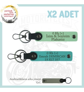Arkadaşa Özel, İsim Plaka ve 0 Rh (+) Kan Grubu Yazılı x2 Hediye Anahtarlık Set, Yeşil-K Turkuaz-Gr (Çok Renkli)