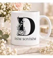 Kişiye Özel Baş Harf ve İsim Yazılı Botanik Dal Motifli D Harfli Seramik Kupa Bardak