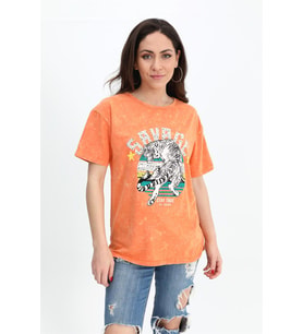T-shirt Yıkamalı Kumaş Bisiklet Yaka - Turuncu