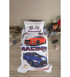 Clasy %100 Pamuk Tek Kişilik Yatak Örtüsü Racing Drag V1 Mavi (Çok Renkli)