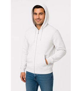 Erkek Üç İplik Kapüşonlu Tam Fermuarlı Kanguru Çepli SweatShirt Hoodie - Beyaz