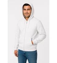 Erkek Üç İplik Kapüşonlu Tam Fermuarlı Kanguru Çepli SweatShirt Hoodie - Beyaz