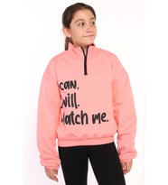 Toontoy Kız Çocuk Dik Yaka Fermuarlı Baskılı Sweatshirt (Somon)