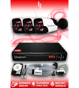 BAYICAM 3 Kameralı Panda 3 Dış Kamera Set 320 GB HDD Full HD Gece Görüşlü Güvenlik Kamerası Sistemi